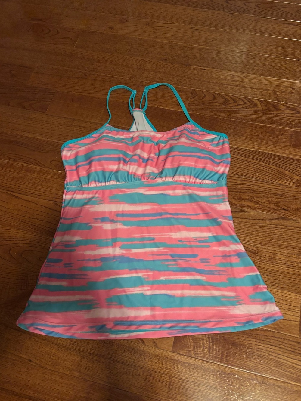 Striped Pink and Aqua Tankini Swim Top